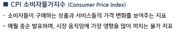 'cpi' 소비자물가지수는 소비자들이 구매하는 상품과 서비스의 가격 변화를 보여주는 지표로, 매월 중순 발표.